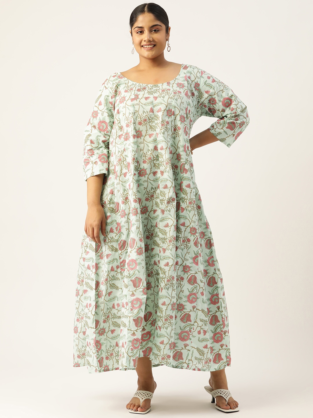 

theRebelinm Floral Cotton A-Line Maxi Dress, Sea green