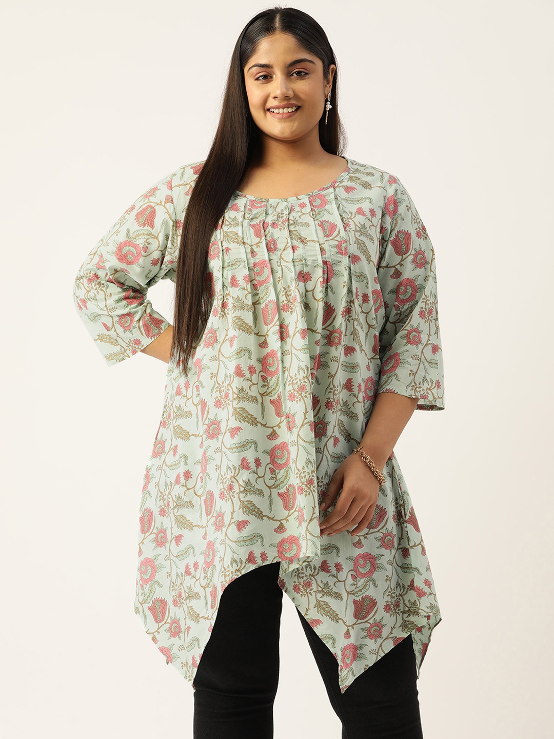 

theRebelinme Plus Size Floral Printed Kurta, Sea green