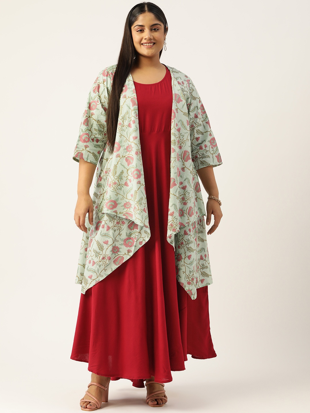 

theRebelinme Floral A-Line Cotton Maxi Dress with Shrug, Sea green