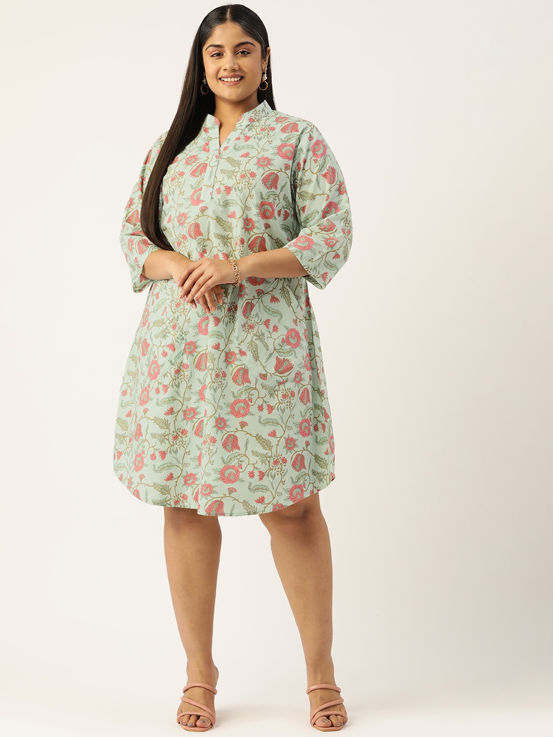 

theRebelinme Floral Cotton A-Line Dress, Sea green