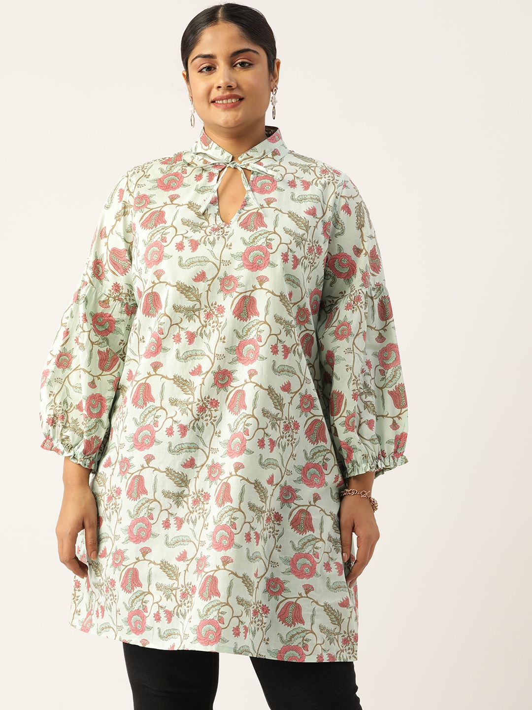theRebelinme Plus Size Mandarin Collar Printed Cotton Tunic, Sea green