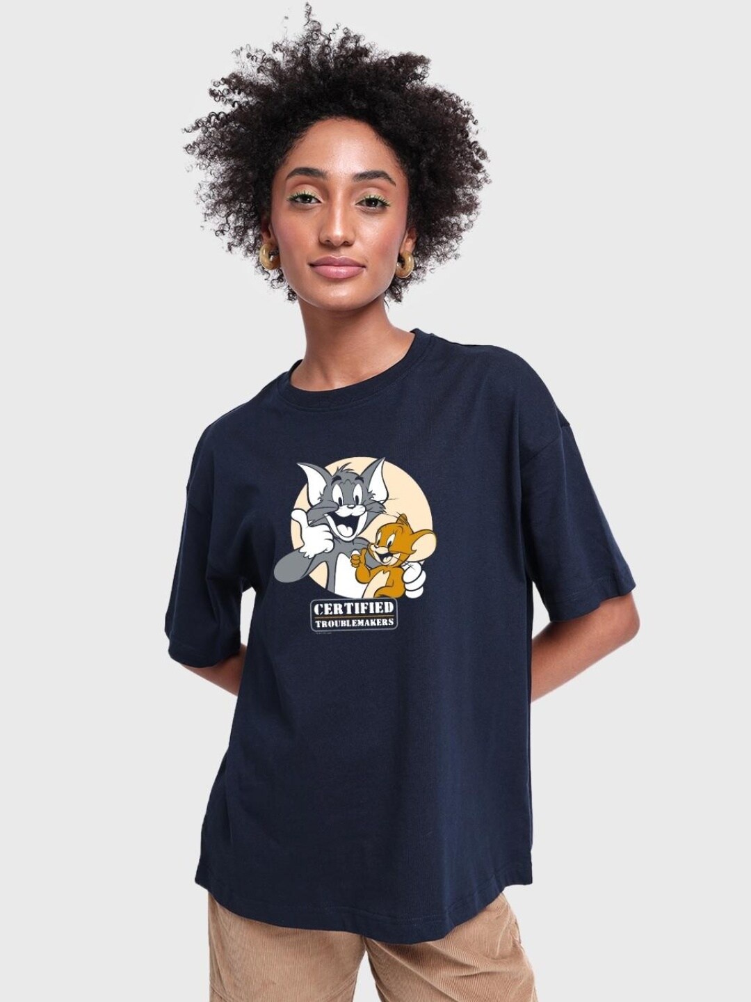 

Bewakoof Women Certified Troublemakers Graphic Printed Oversized T-shirt, Blue