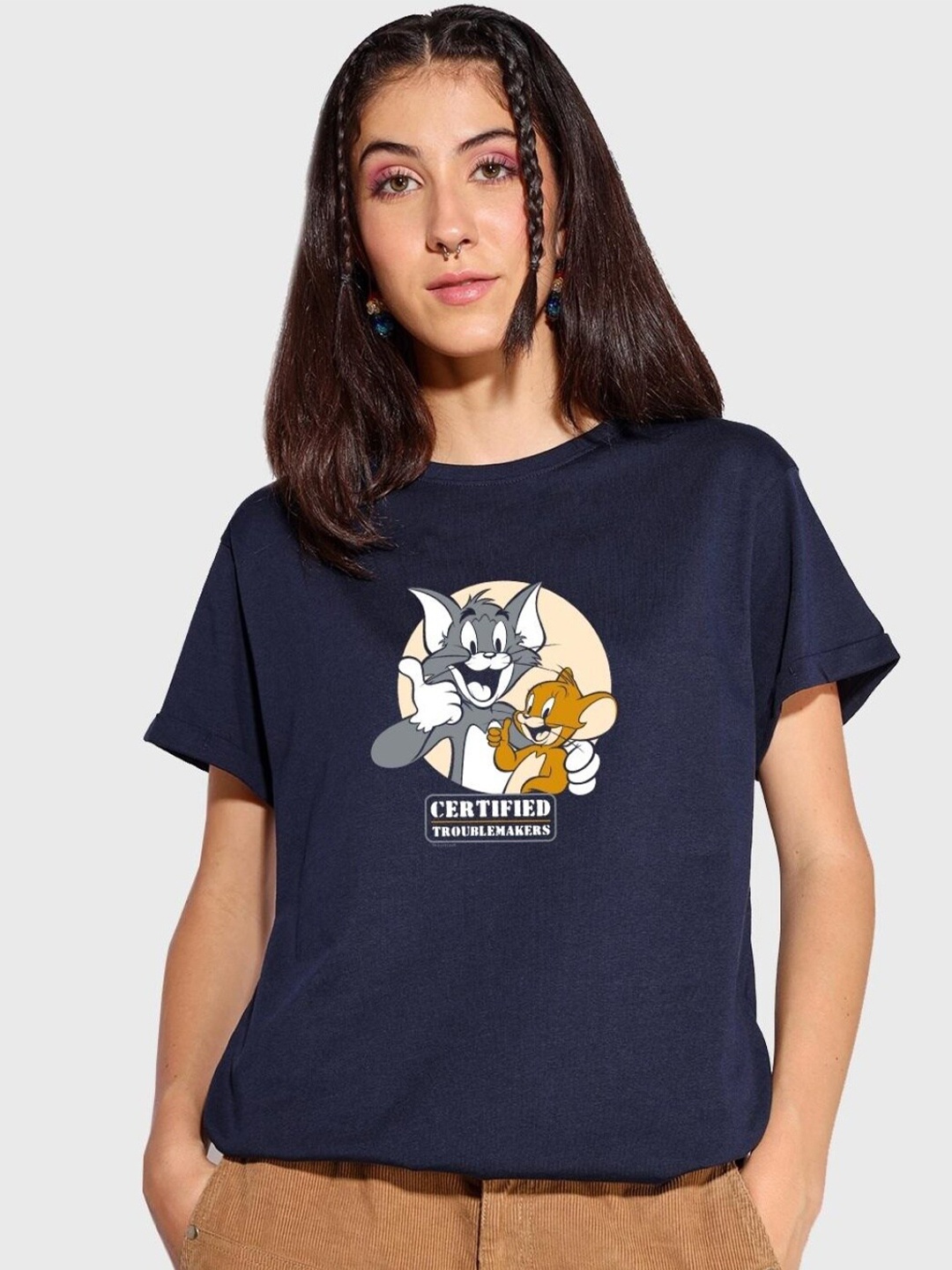 

Bewakoof Women Tom & Jerry Certified Troublemakers Printed Boyfriend T-shirt, Navy blue
