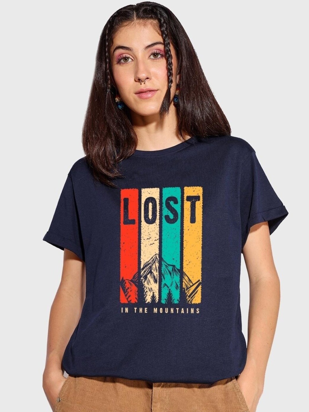 

Bewakoof Women Lost Mountains Graphic Printed Boyfriend T-shirt, Blue