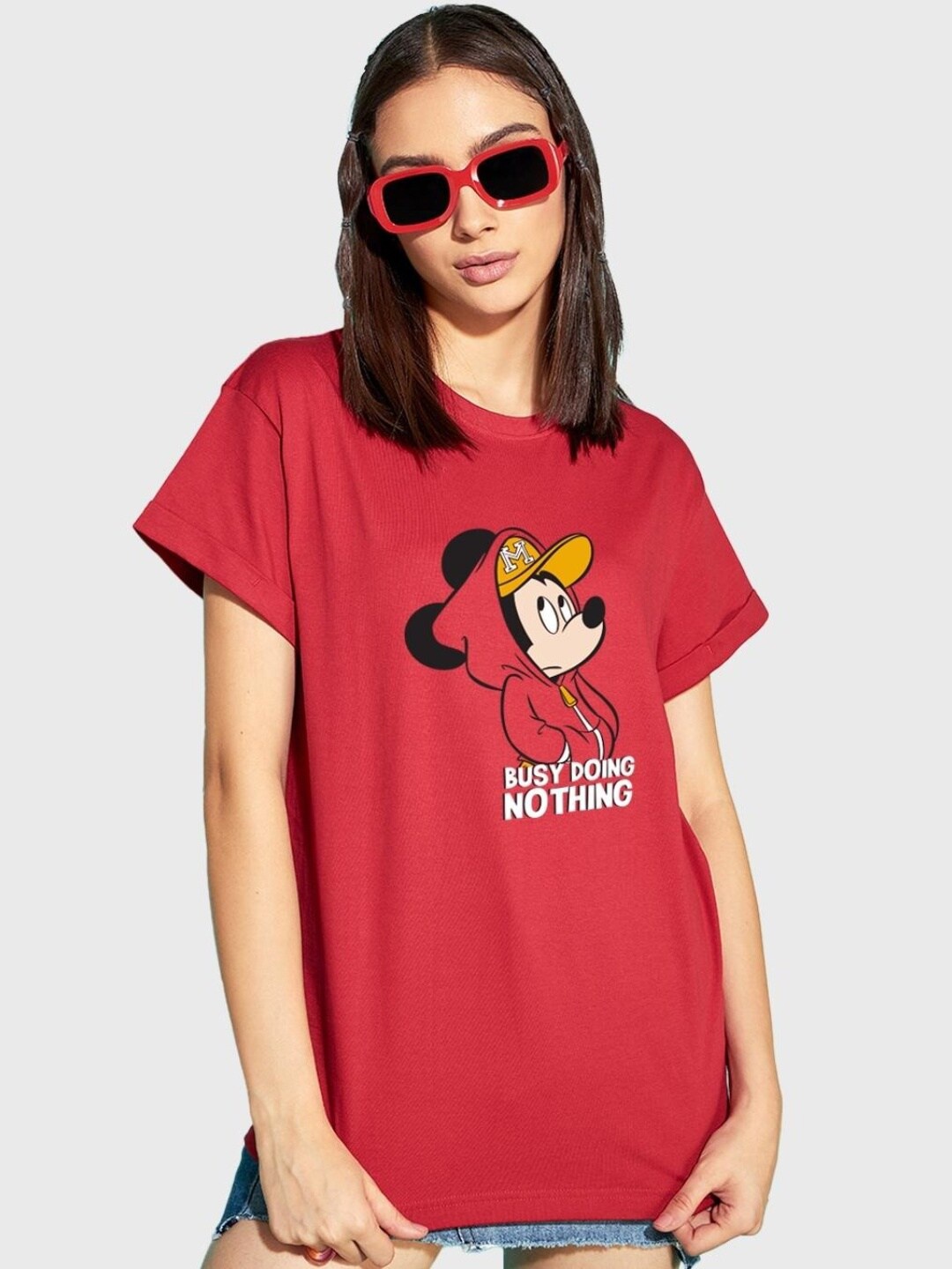 

Bewakoof Women Busy Doing Nothing Graphic Printed Boyfriend T-shirt, Red