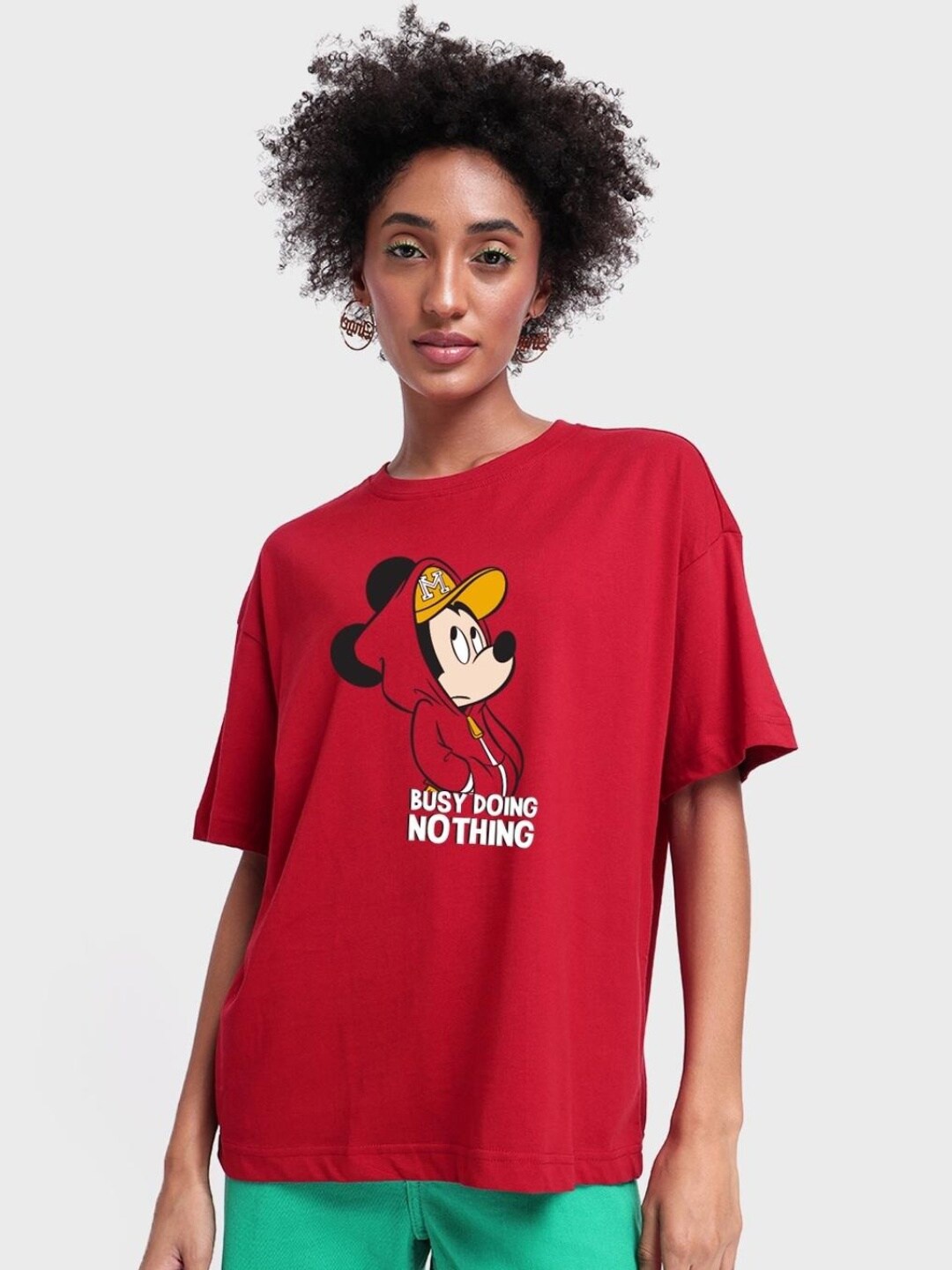 

Bewakoof Women Busy Doing Nothing Graphic Printed Oversized T-shirt, Red