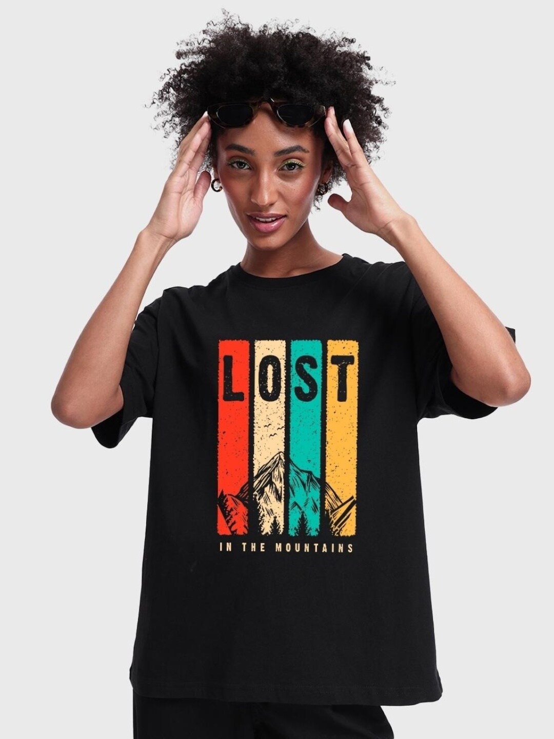 

Bewakoof Women Lost Mountains Graphic Printed Oversized T-shirt, Black