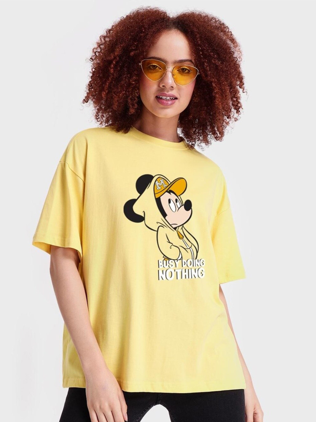 

Bewakoof Women Busy Doing Nothing Graphic Printed Oversized T-shirt, Yellow