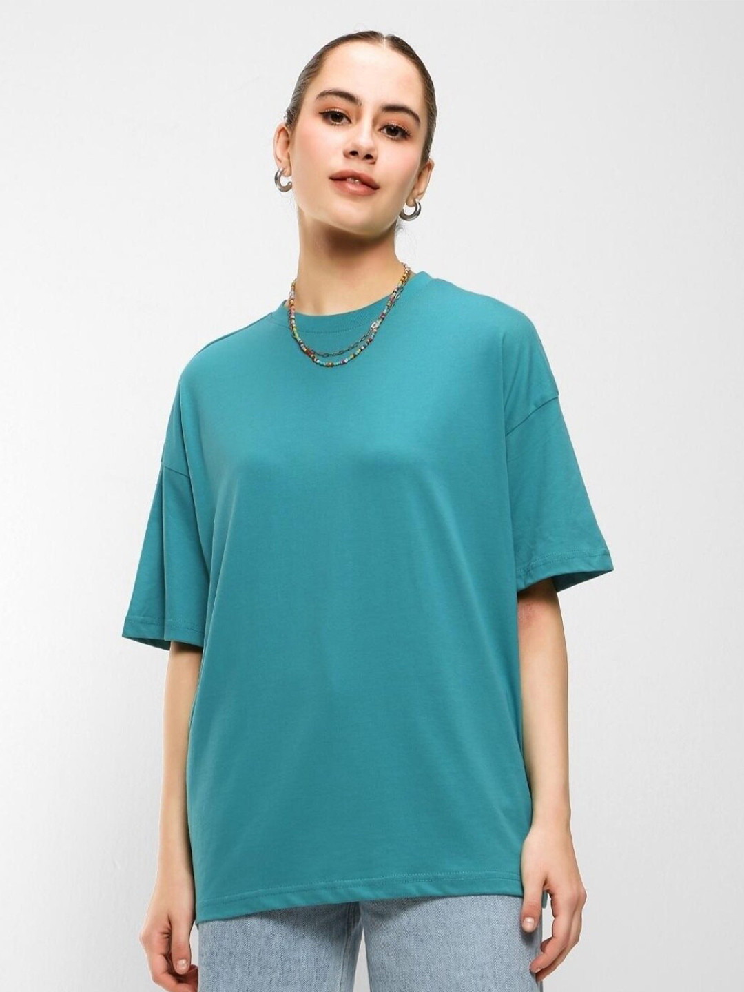 

Bewakoof Women Cotton Oversized T-shirt, Blue
