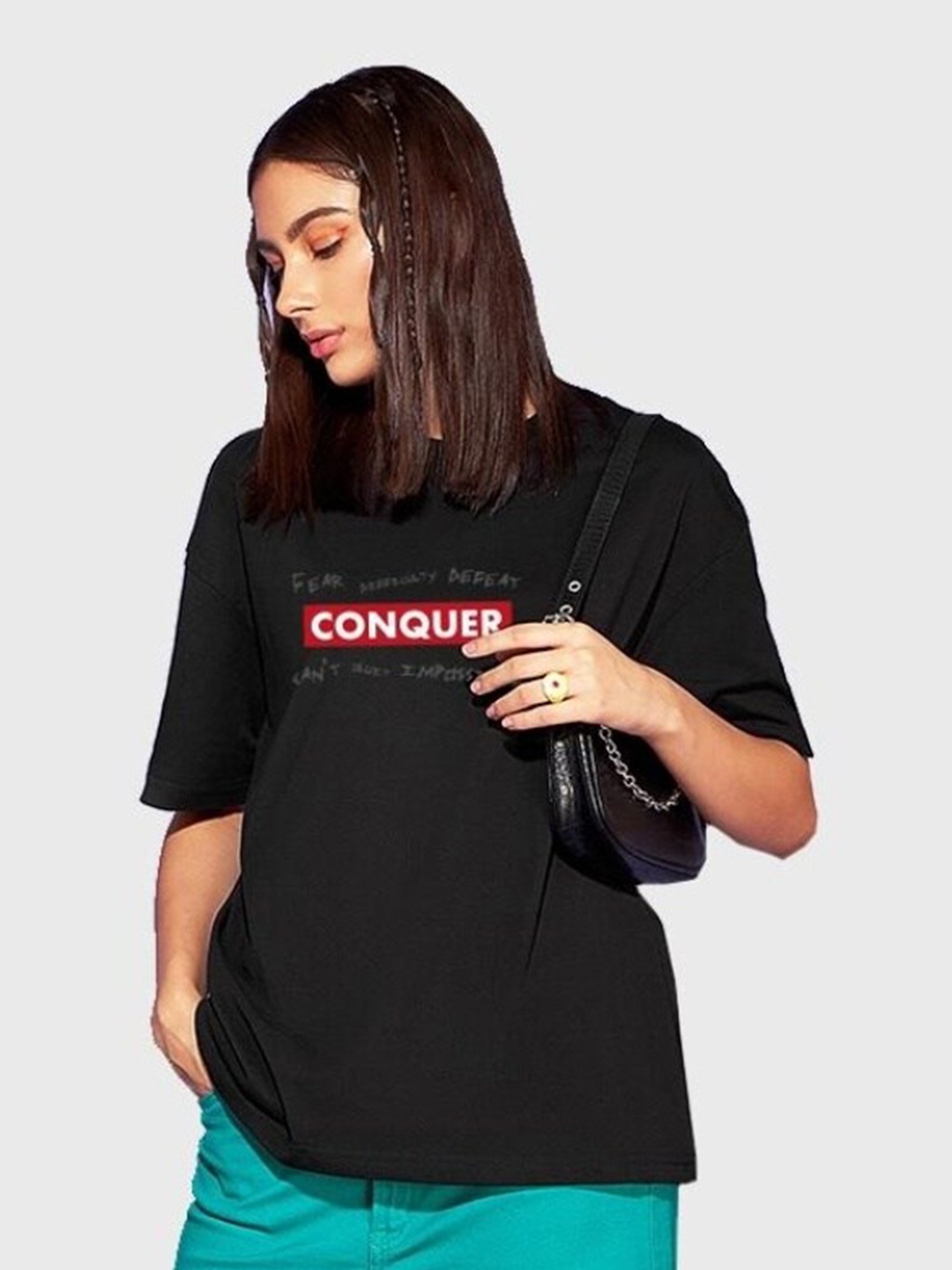 

Bewakoof Women Conquer Strip Typography Oversized T-shirt, Black