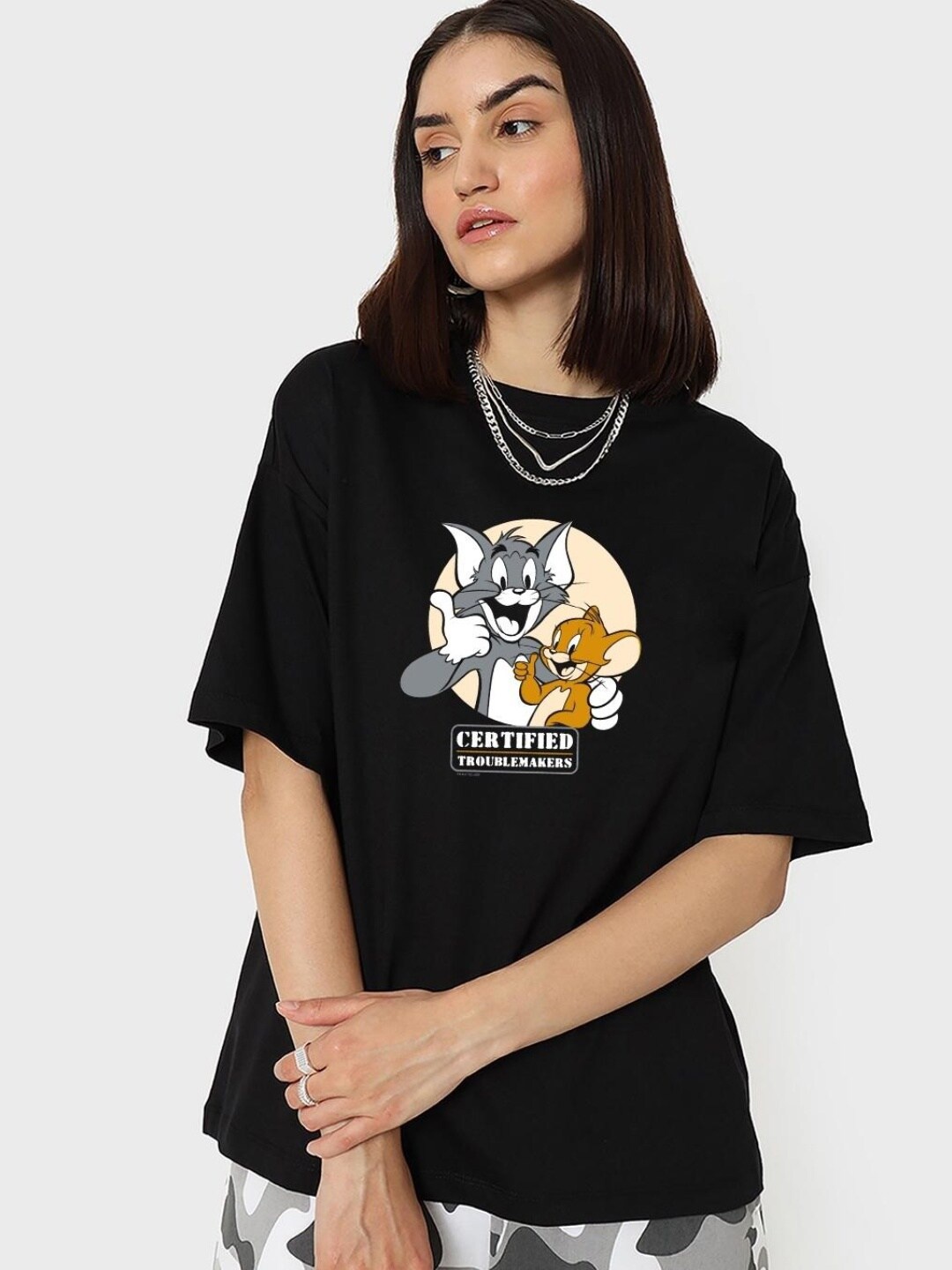 

Bewakoof Women Certified Troublemakers Graphic Printed Oversized T-shirt, Black