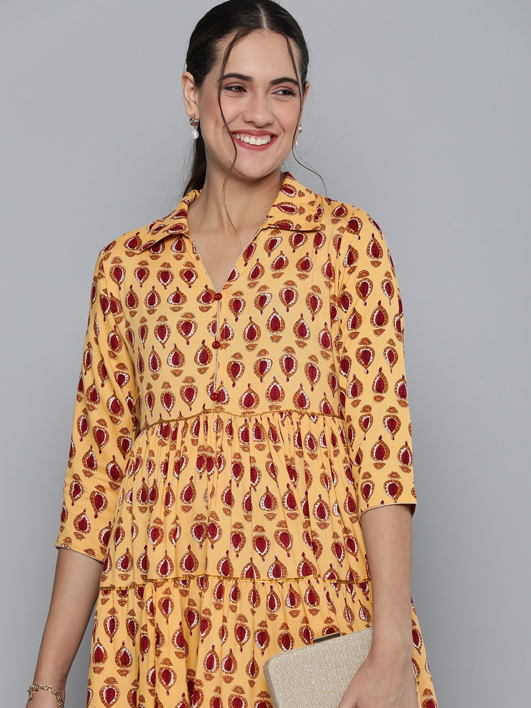 

HERE&NOW Printed Ethnic Midi Dress, Mustard