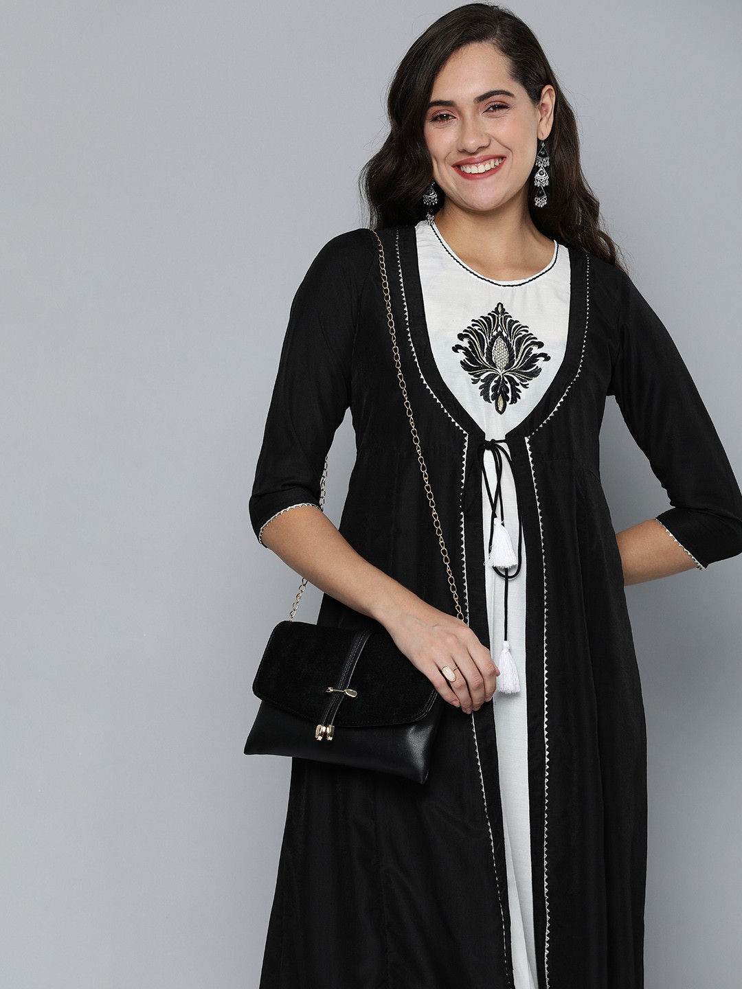 

HERE&NOW Ethnic Motifs Embroidered A-Line Midi Dress, Black