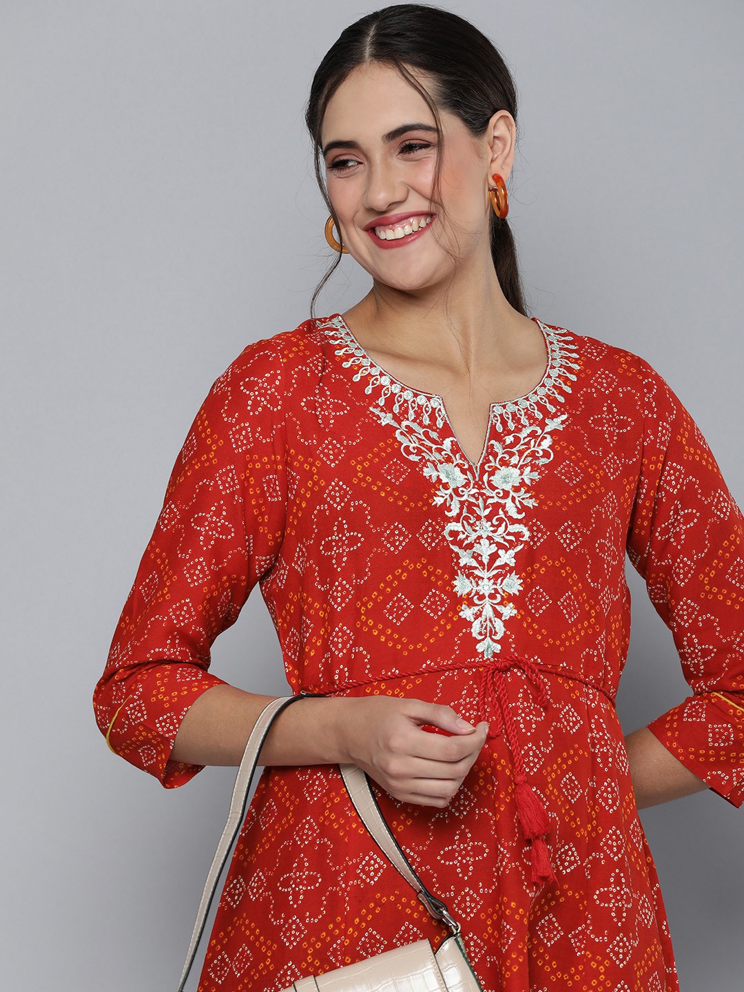 

HERE&NOW Ethnic Motifs Embroidered A-Line Midi Dress, Red