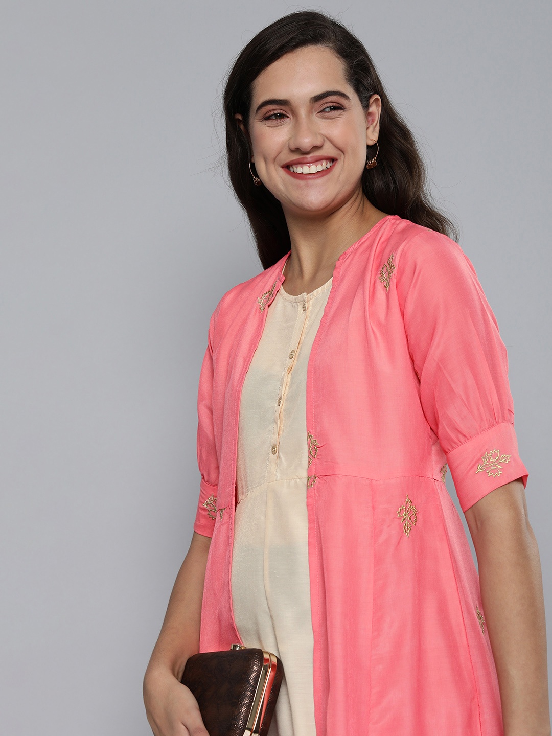 

HERE&NOW Ethnic Motifs Embroidered Empire Midi Dress, Pink