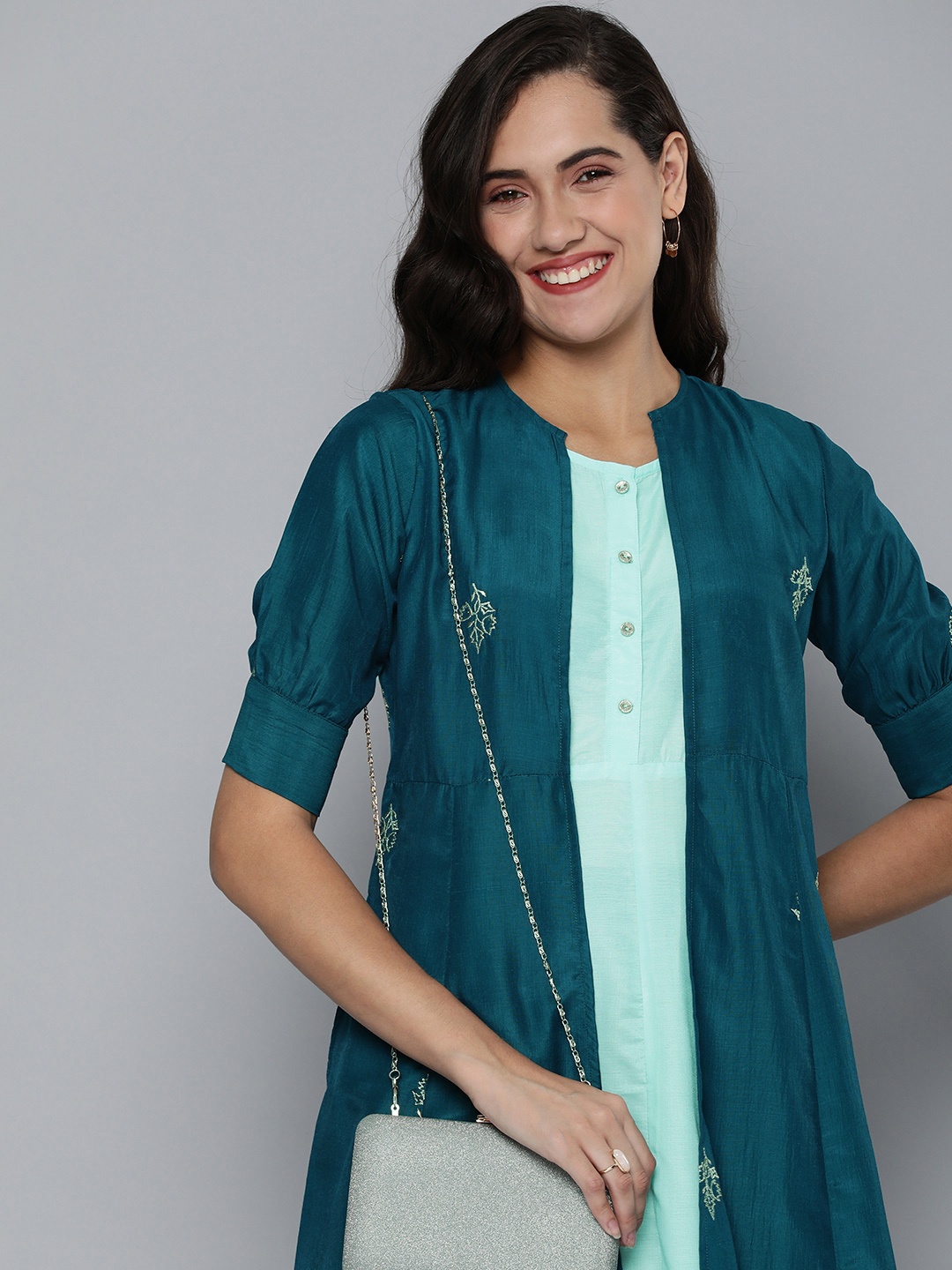 

HERE&NOW Ethnic Motifs Embroidered Empire Midi Dress, Blue