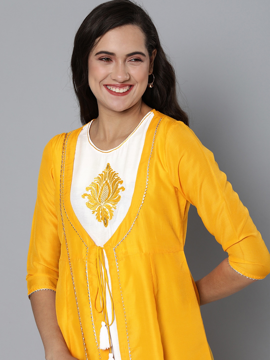 

HERE&NOW Embellished Embroidered A-Line Midi Ethnic Dress, Yellow