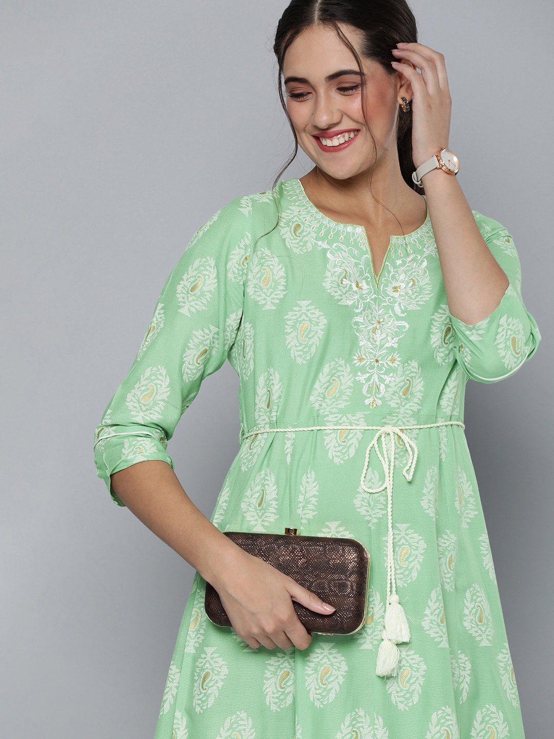 

HERE&NOW Ethnic Motifs Embroidered A-Line Midi Dress, Green