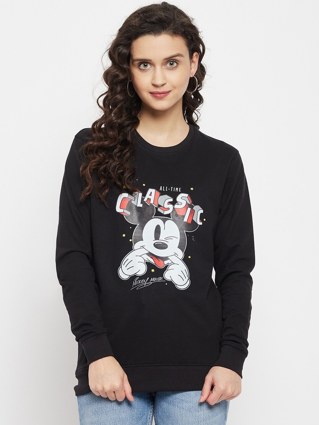 

Disney by Wear Your Mind Women Mickey Mouse Printed Pullover Sweatshirt, Black