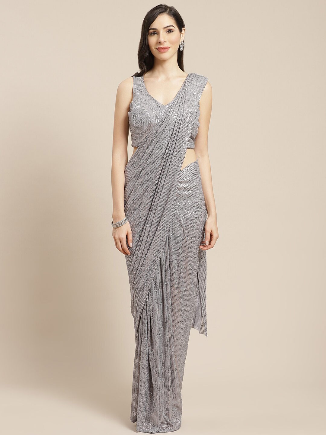 

Mitera Printed Embellished Sequinned Saree, Grey