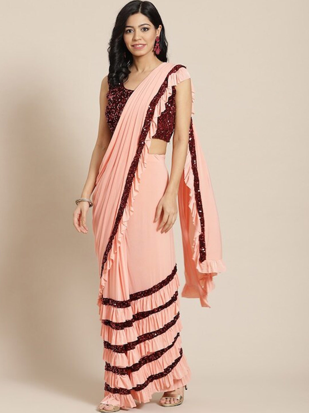 

Mitera Sequinned Ready to Wear Saree, Peach