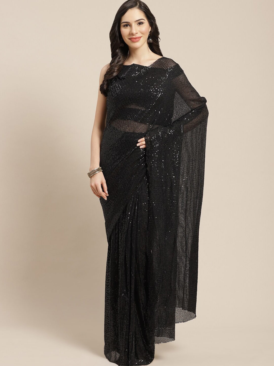 

Mitera Embellished Sequinned Saree, Black
