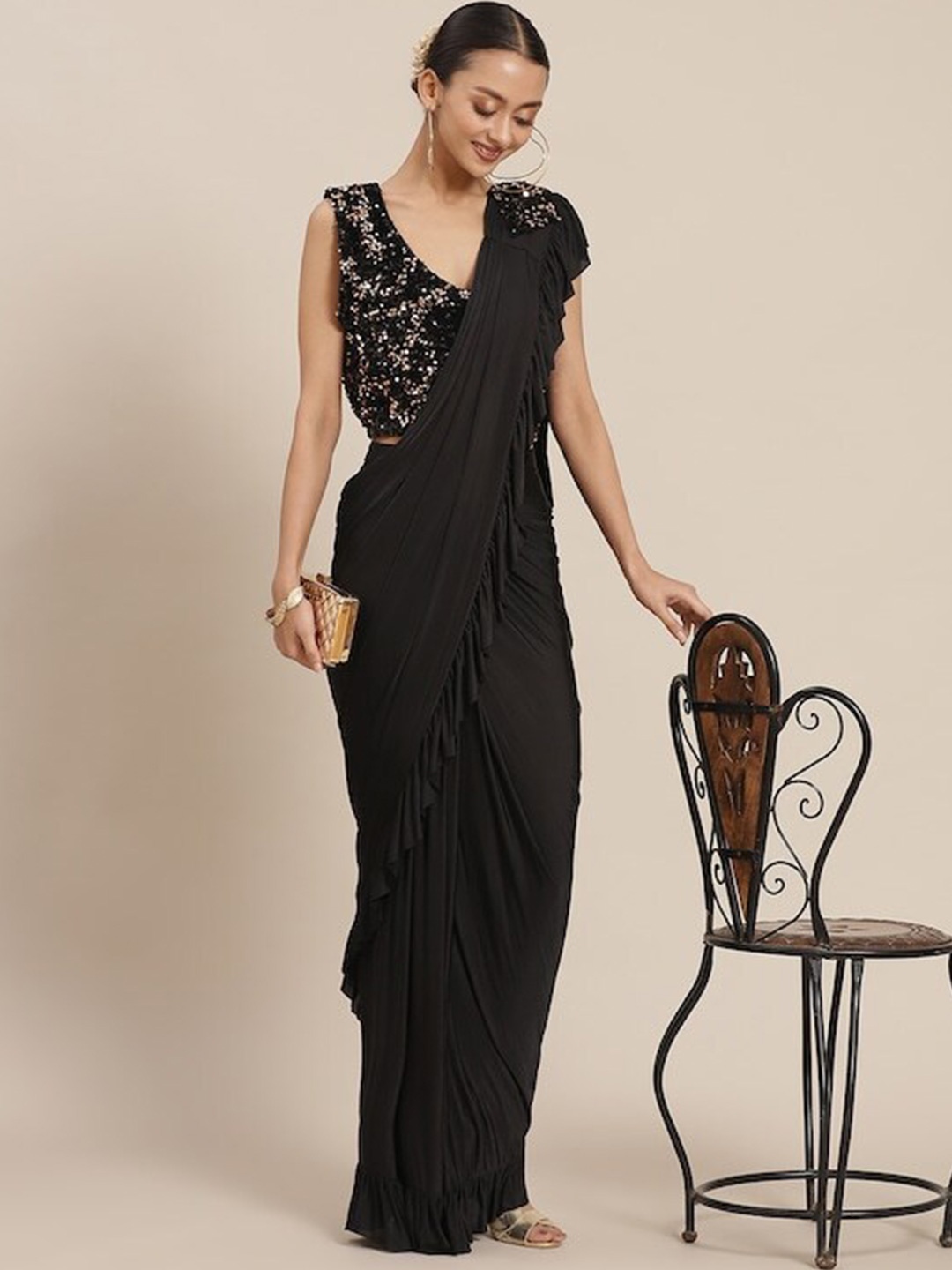 

Mitera Embellished Sequinned Saree, Black