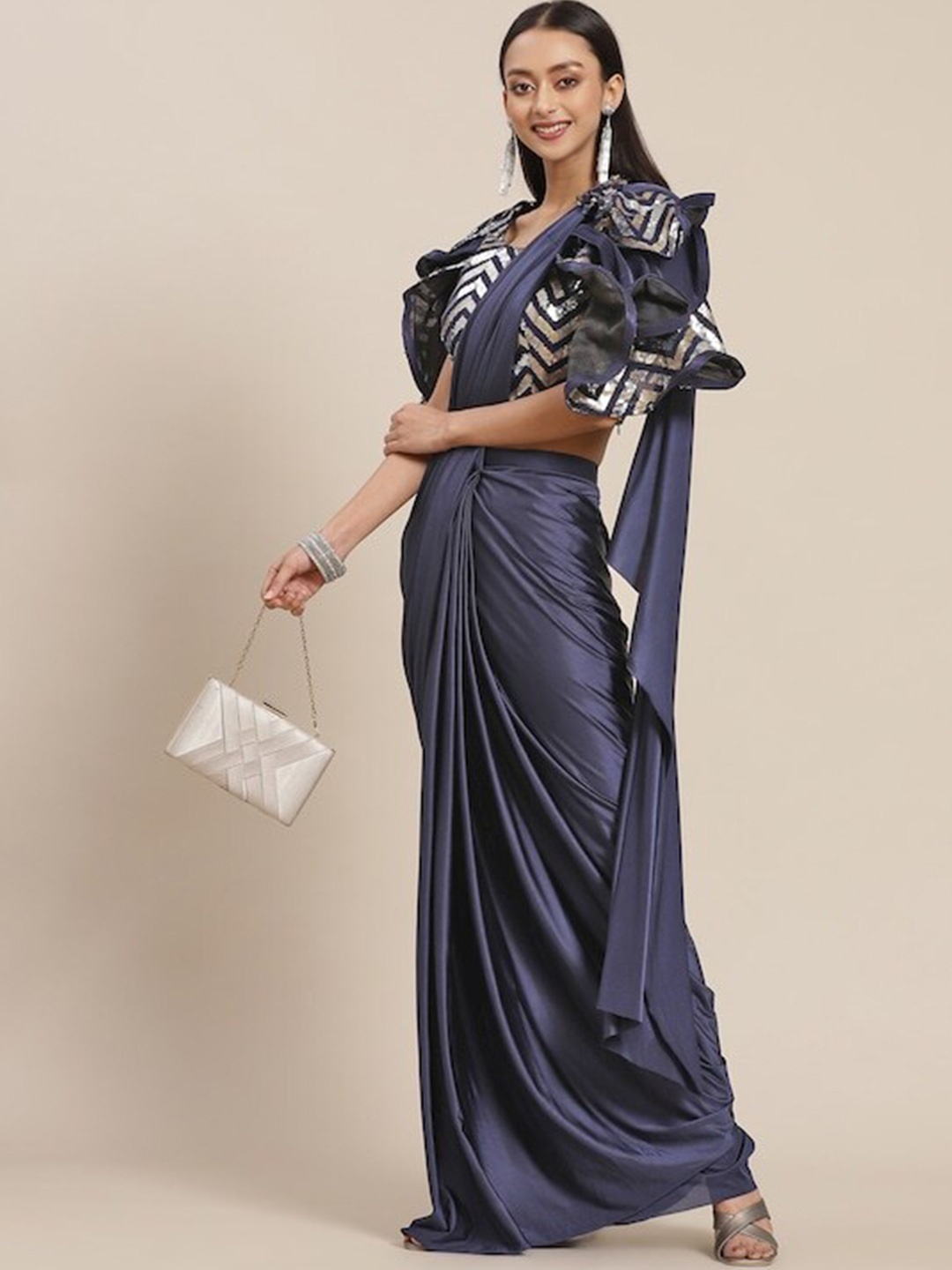 

Mitera Sequinned Ready to Wear Saree, Navy blue