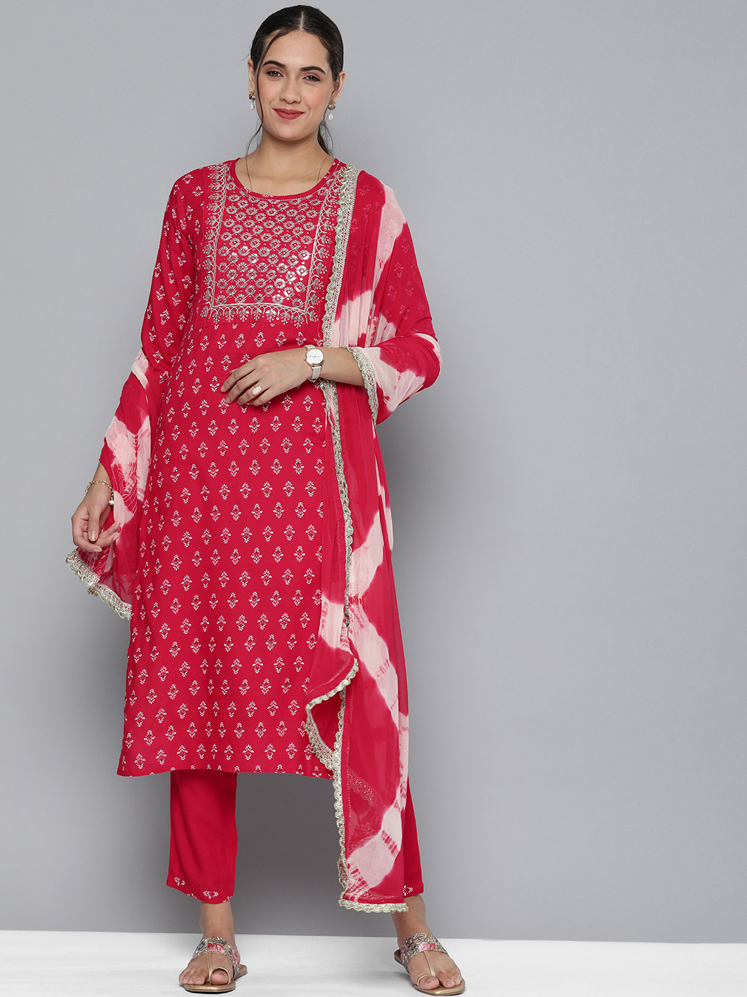 

HERE&NOW Women Red Bandhani Embroidered Kurta with Trousers & With Dupatta