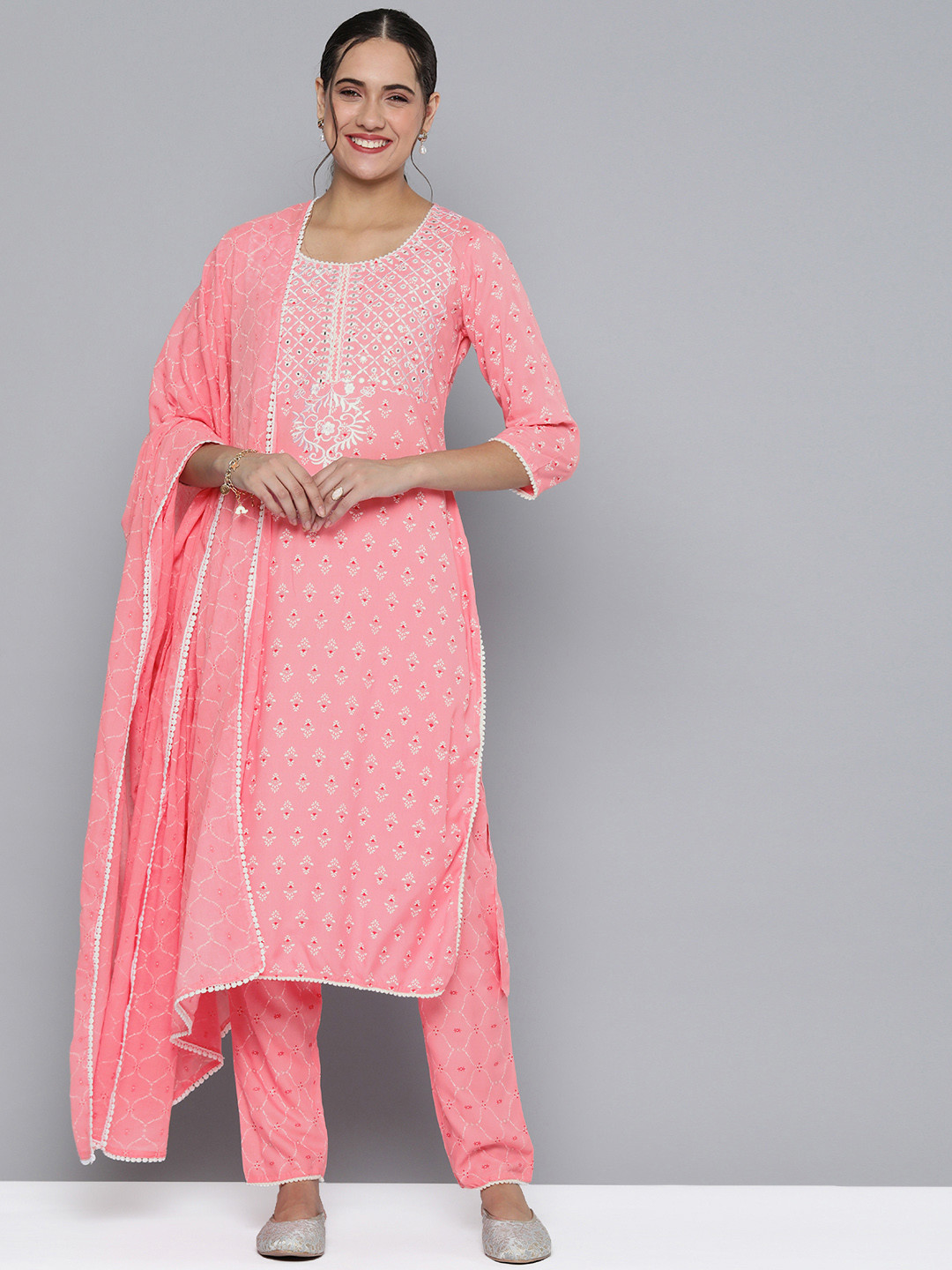 

HERE&NOW Women Pink Ethnic Motifs Embroidered Kurta with Trousers & With Dupatta