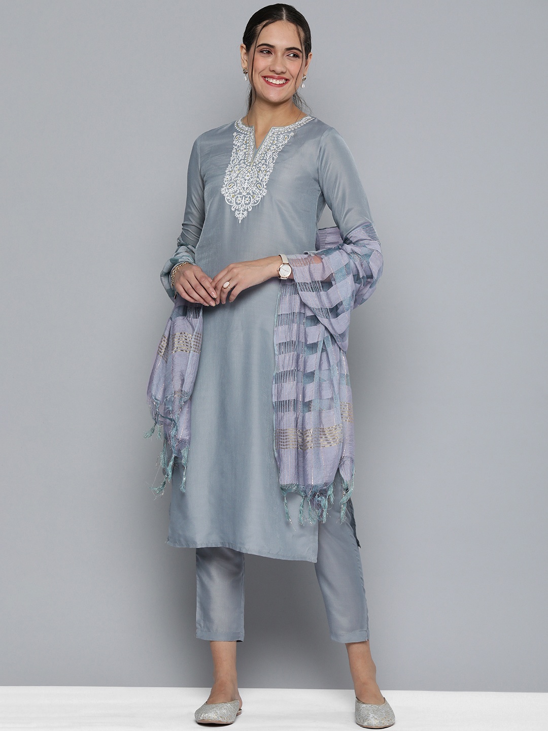 

HERE&NOW Women Grey Embroidered Kurta with Trousers & With Dupatta