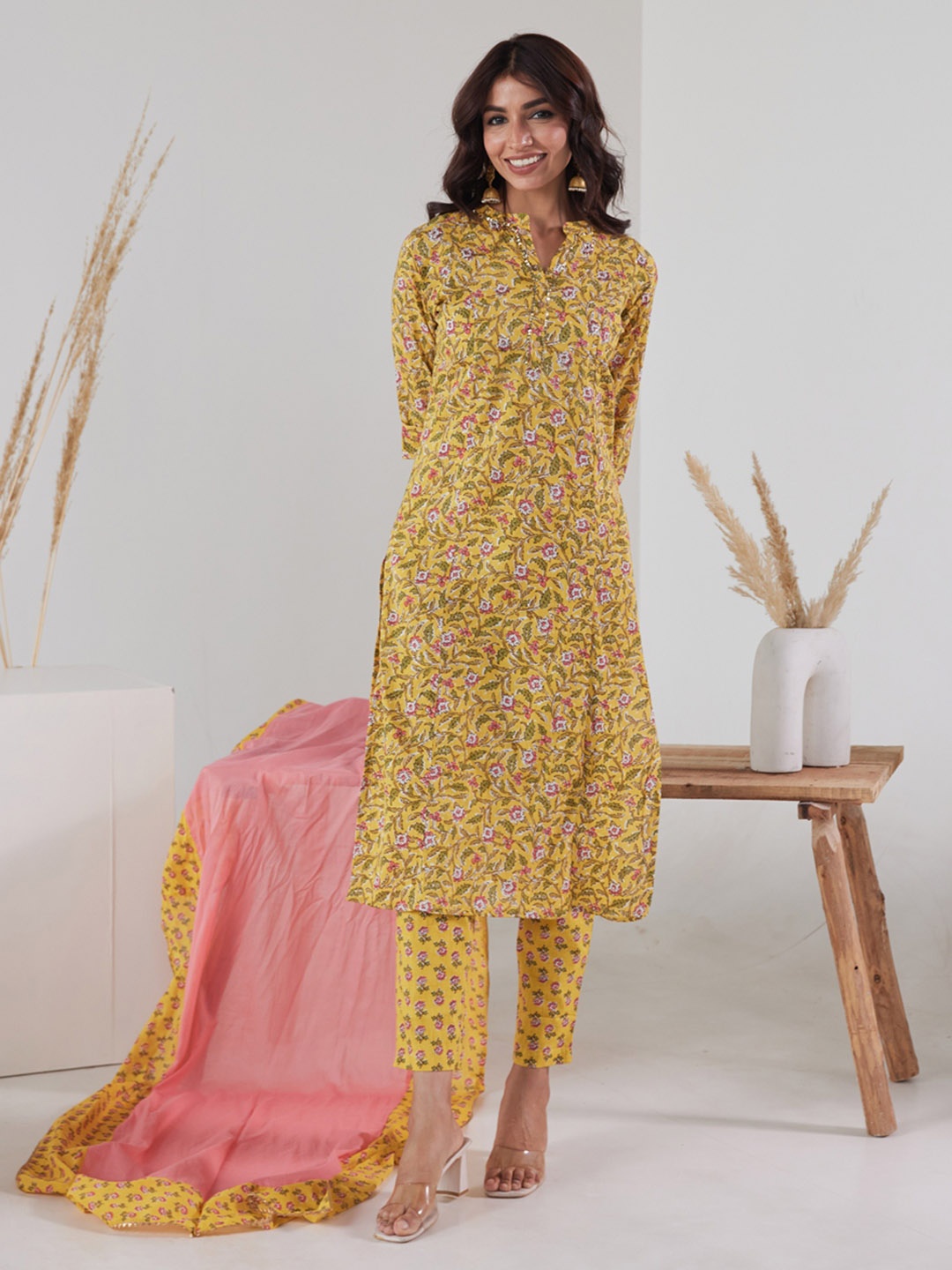 

HERE&NOW Ethnic Motifs Printed Sequinned Kurta With Trousers & With Dupatta, Yellow