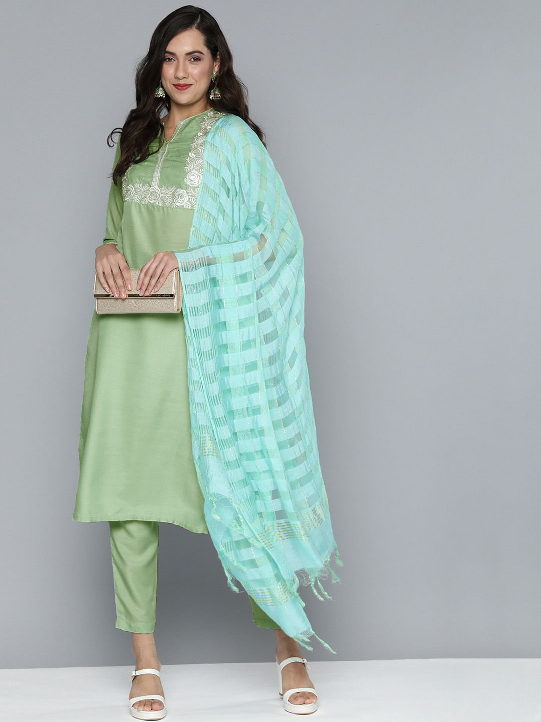 

HERE&NOW Ethnic Motifs Embroidered Thread Work Kurta With Trousers & With Dupatta, Green