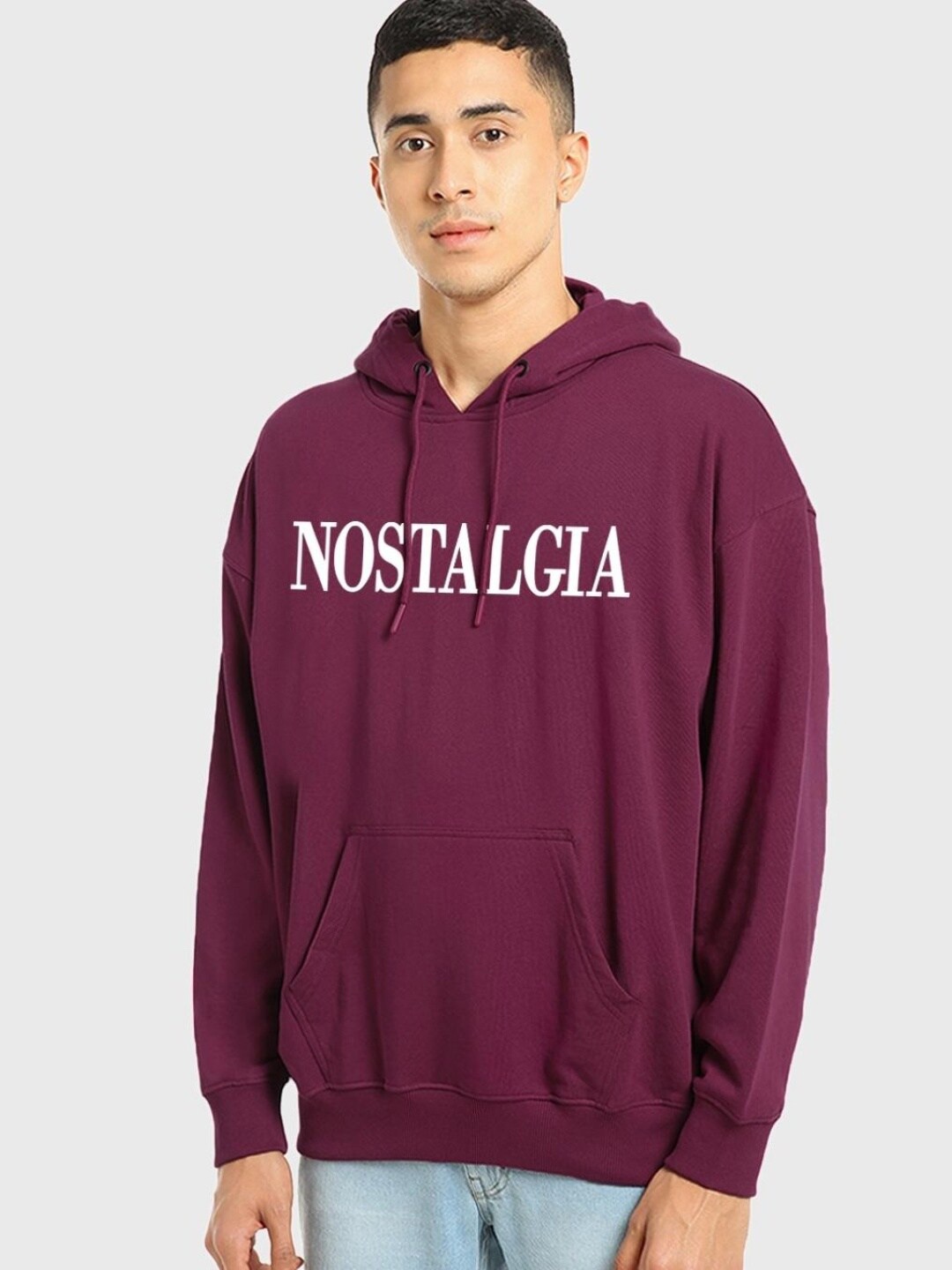 

Bewakoof Men Printed Hooded Fleece Sweatshirt, Burgundy
