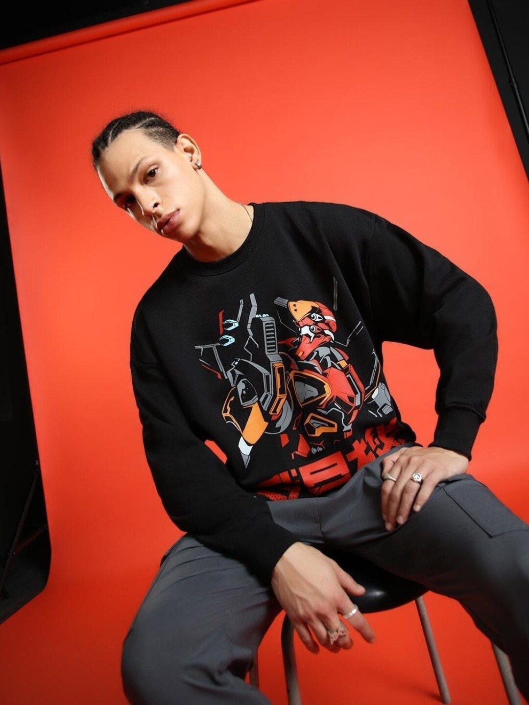 

Bewakoof Men Nigoki Gundam Graphic Printed Oversized Sweatshirt, Black