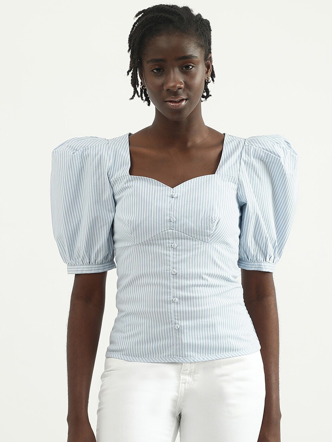 

United Colors of Benetton Blue Striped Sweetheart Neck Top