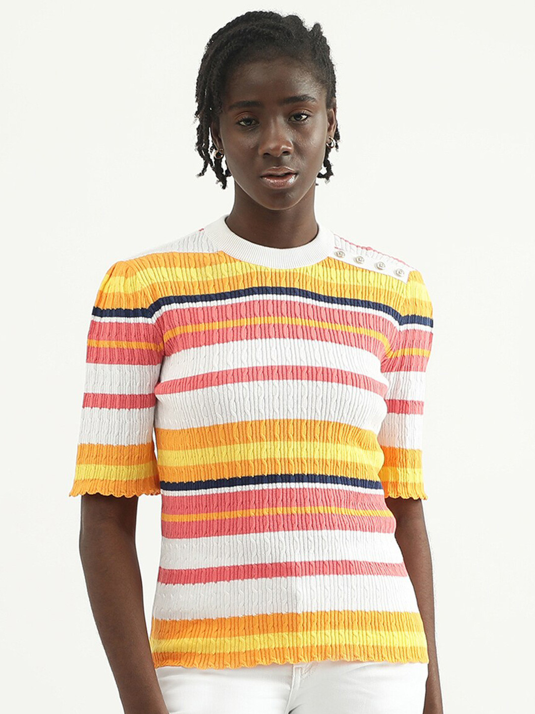 

United Colors of Benetton Striped Round Neck Top, Off white
