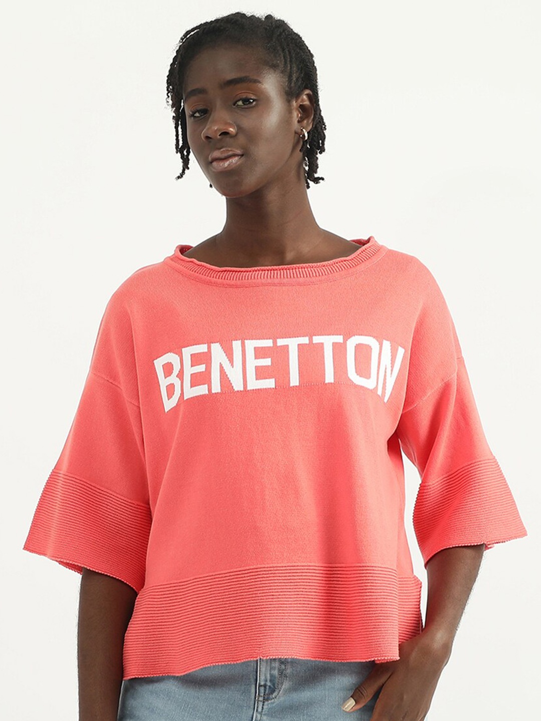 

United Colors of Benetton Printed Extended Sleeves Boxy Cotton Top, Red