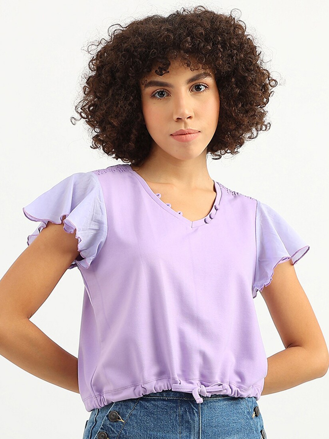 

United Colors of Benetton V-Neck Flutter Sleeves Crop Top, Lavender