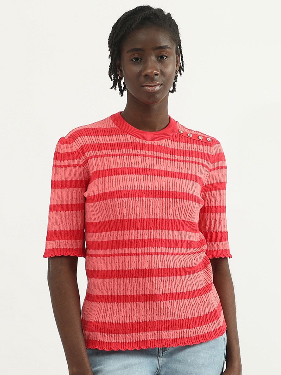 United Colors of Benetton Striped Round Neck Cotton Top, Red