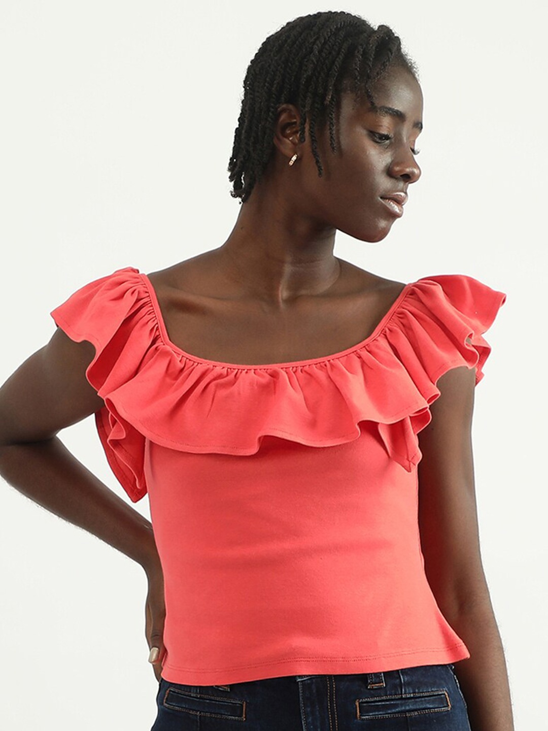 

United Colors of Benetton Ruffles Round Neck Cotton Top, Red