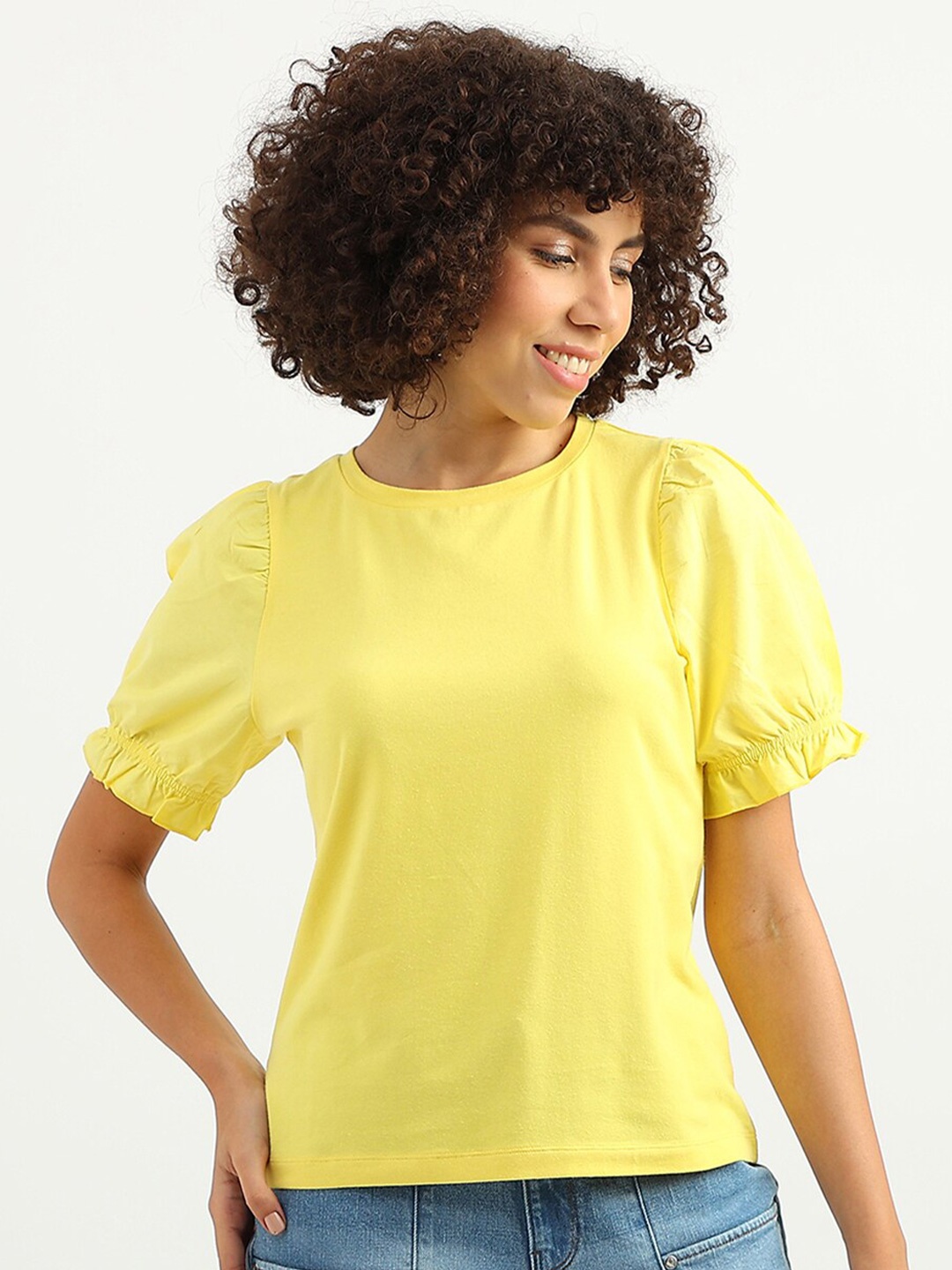 

United Colors of Benetton Round Neck Puff Sleeves Top, Yellow