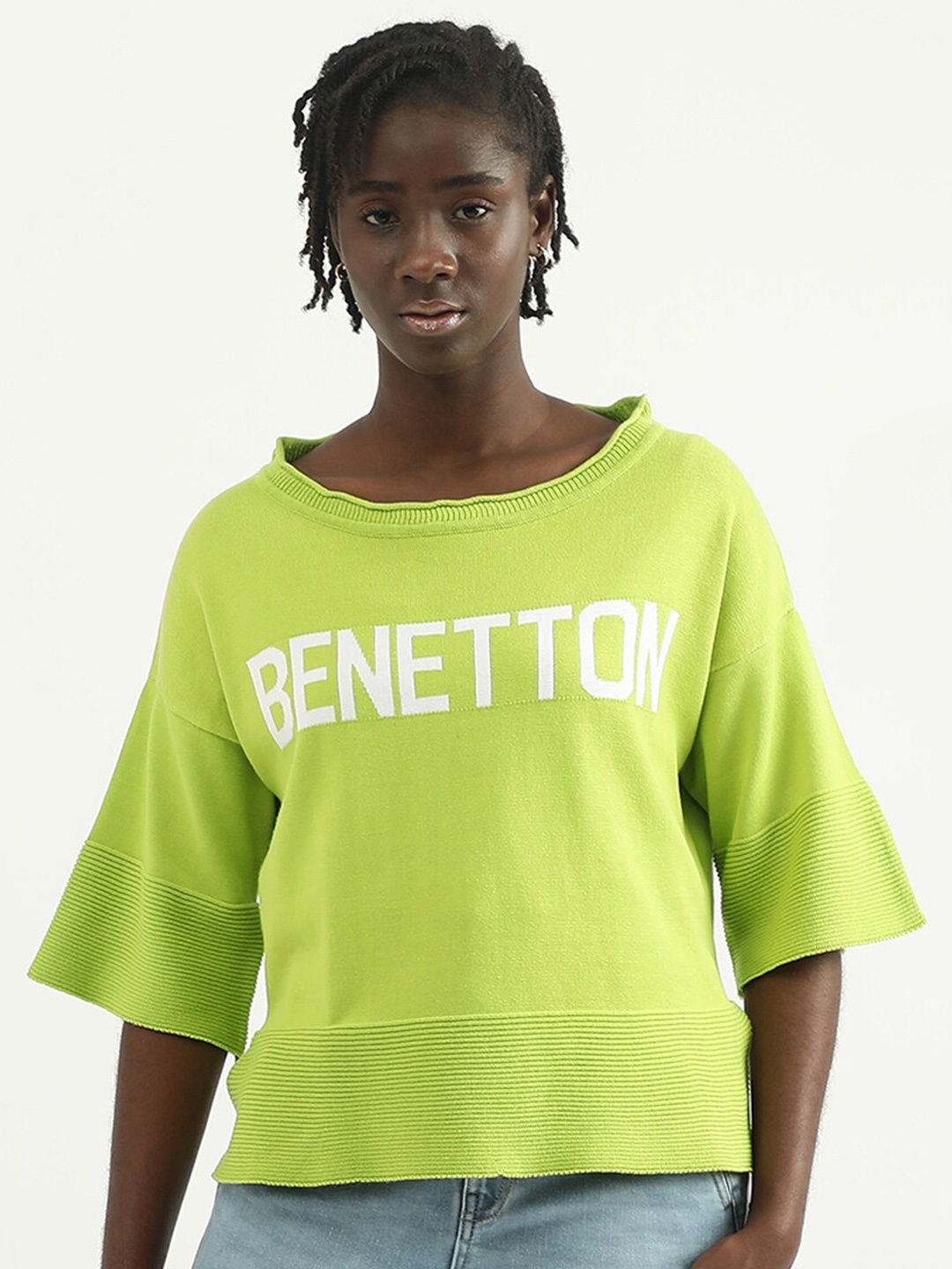 

United Colors of Benetton Cotton Print Boxy Top, Green