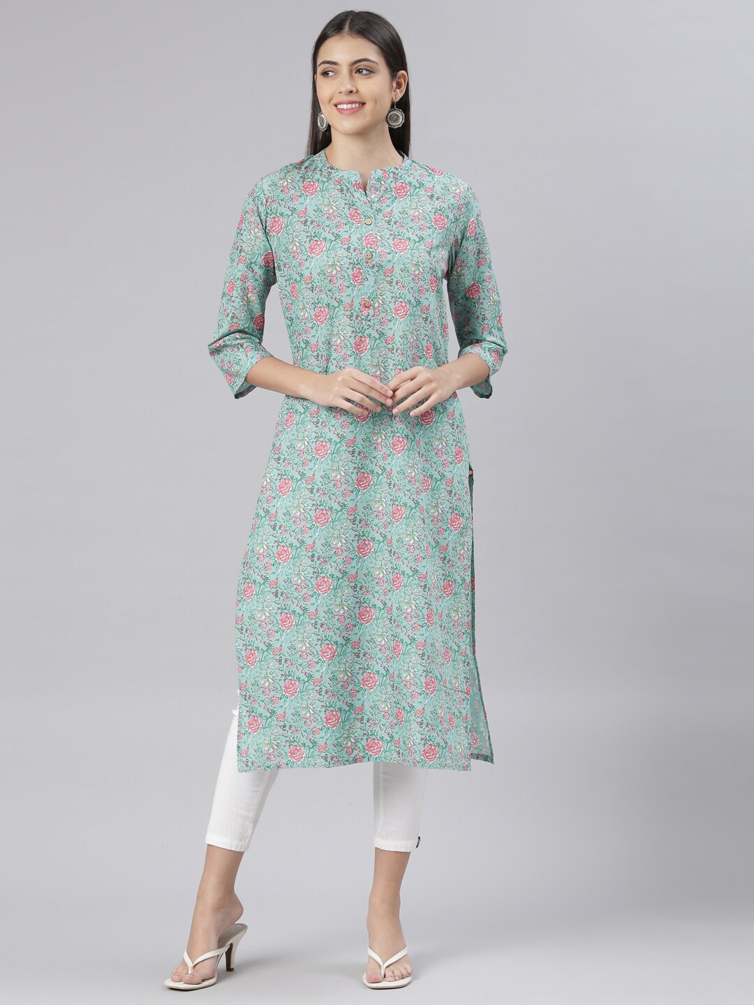 

The Chennai Silks Women Floral Printed Pure Cotton Kurta, Sea green