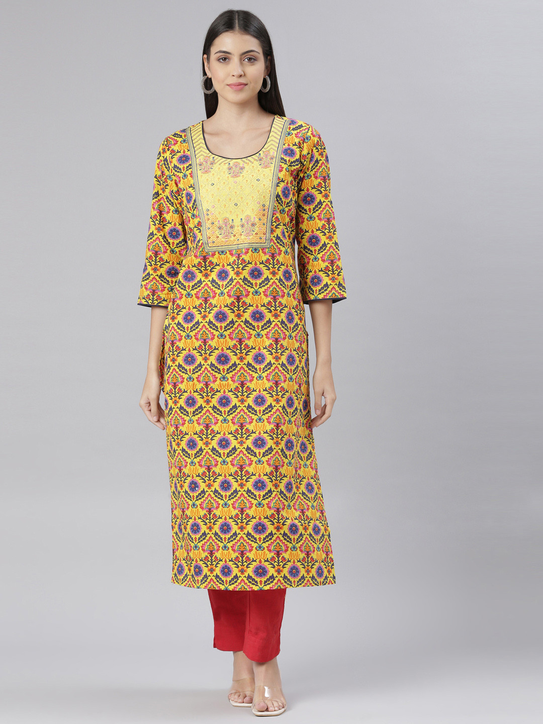 

The Chennai Silks Women Floral Printed Thread Work Pure Cotton Kurta, Yellow