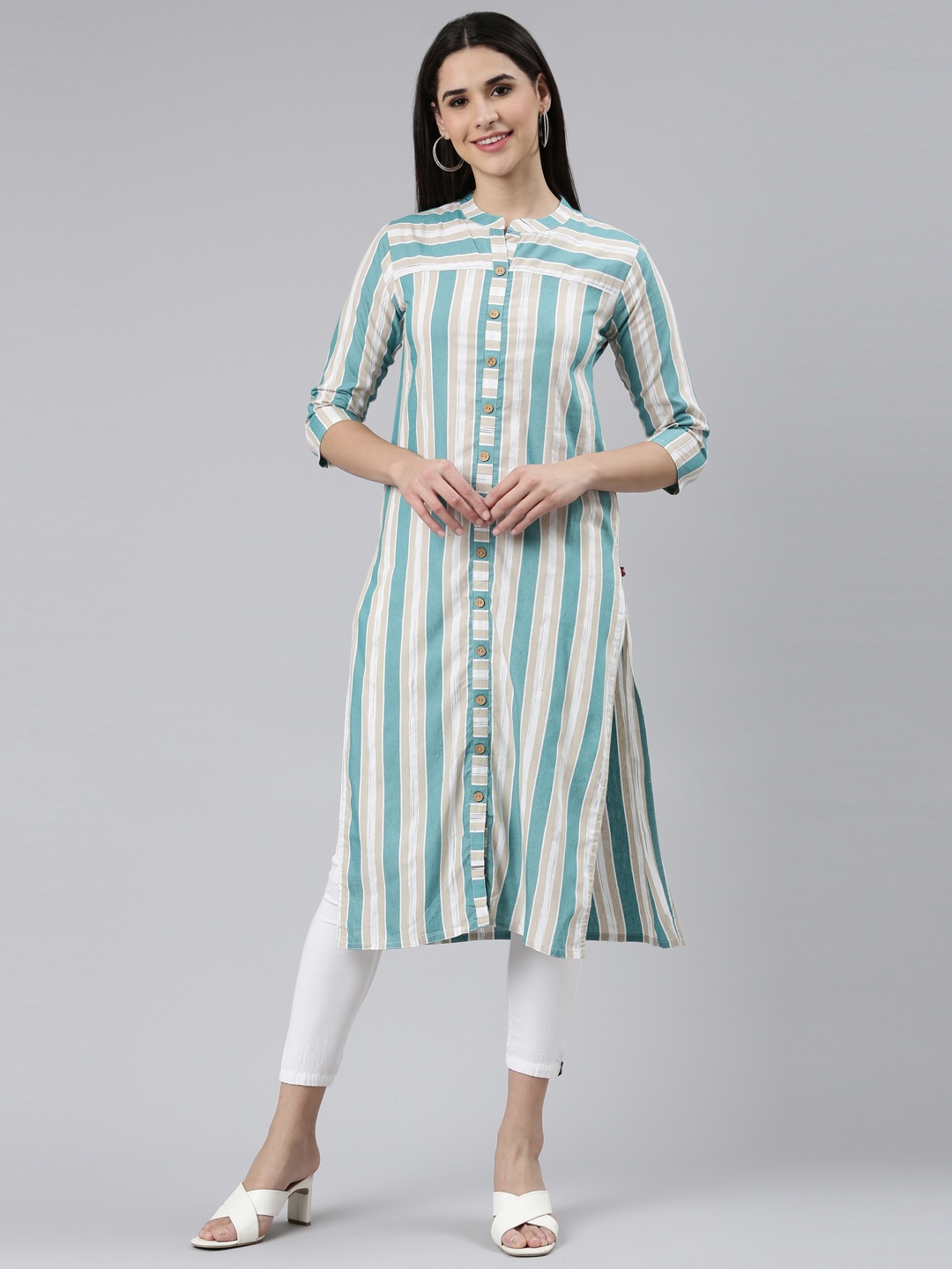 

The Chennai Silks Women Striped Printed Pure Cotton Kurta, Teal