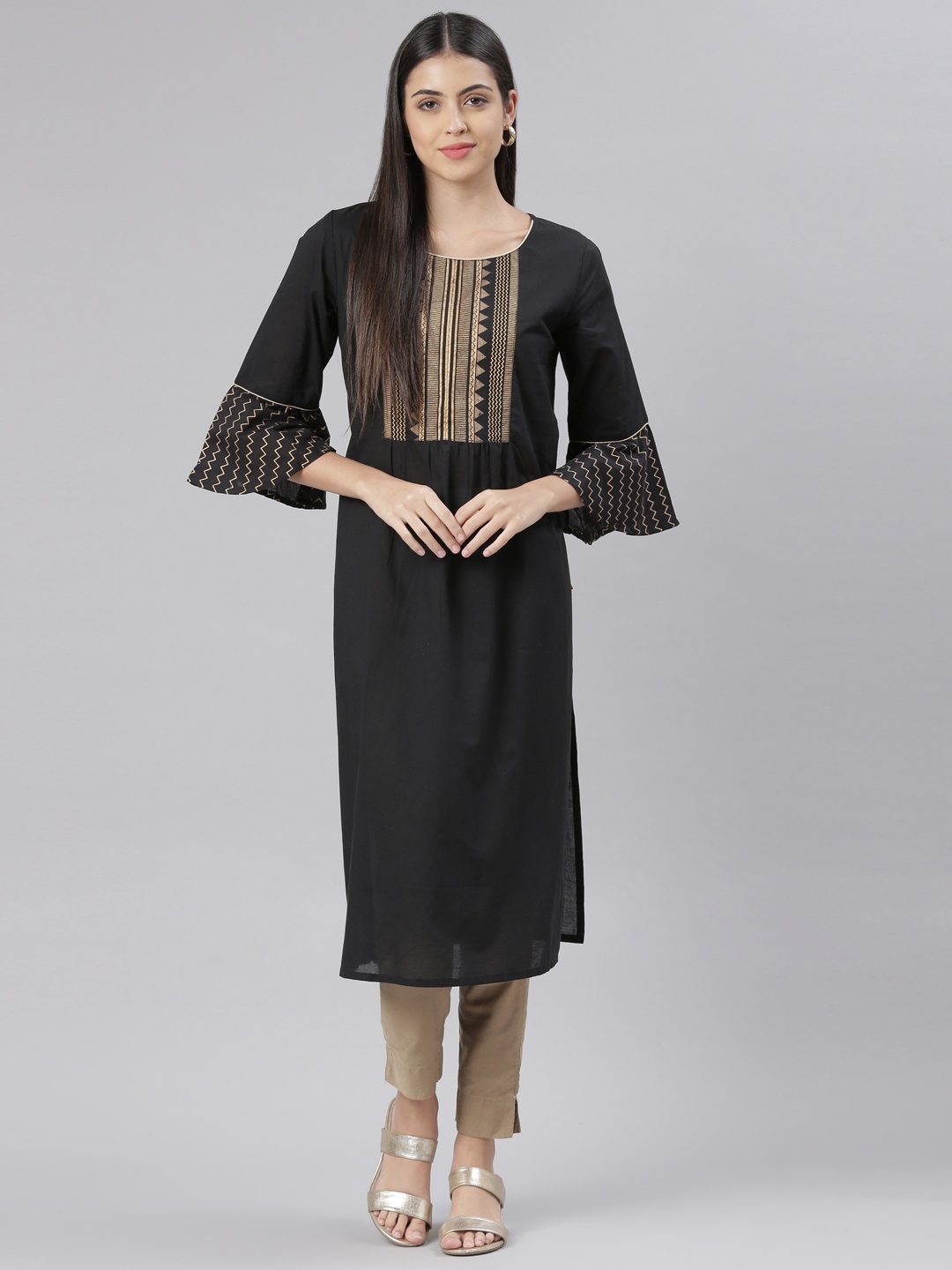 

The Chennai Silks Women Yoke Design Bell Sleeves Indie Prints Kurta, Black