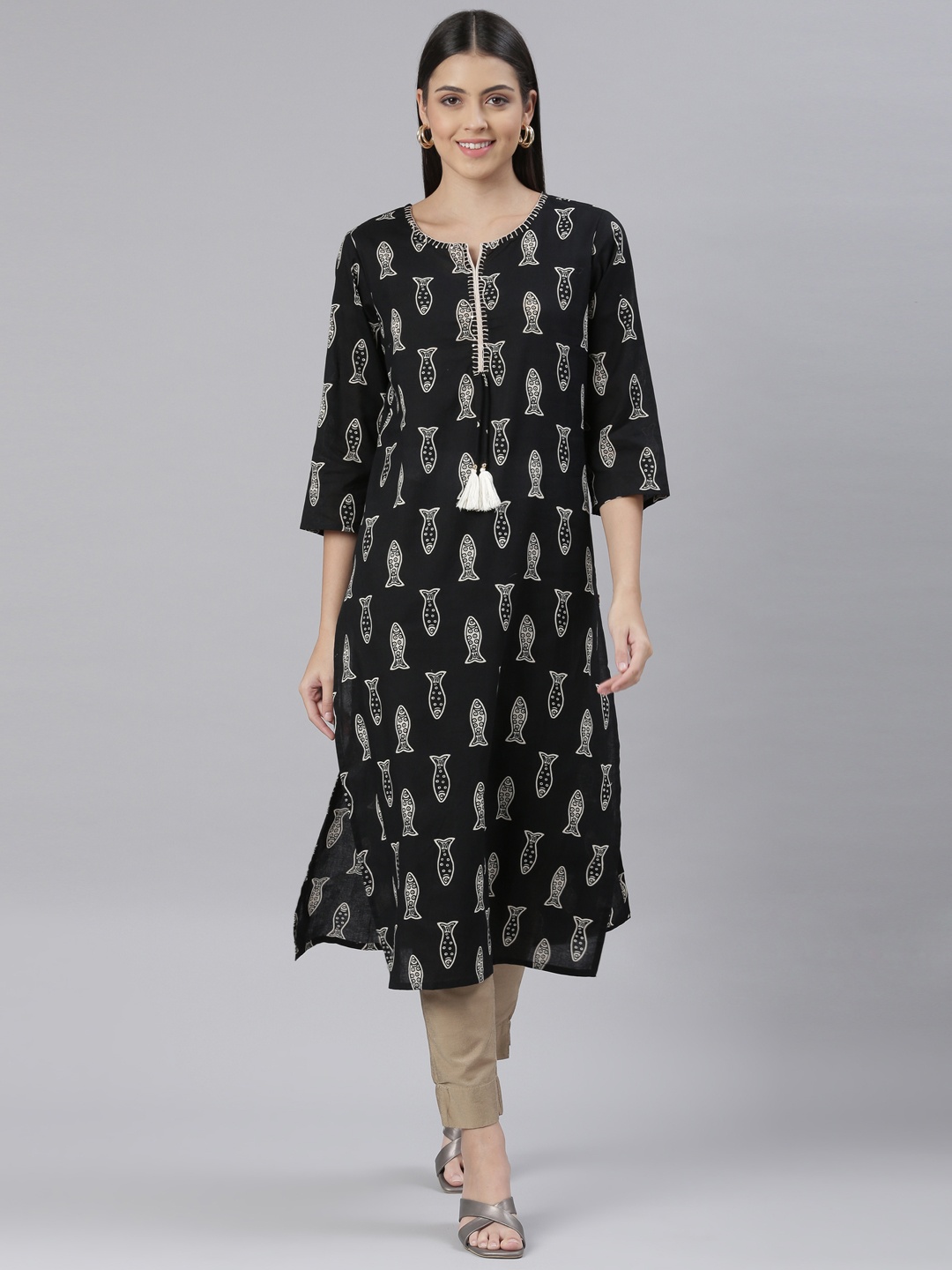 

The Chennai Silks Women Notched Neck Ethnic Motifs Printed Kurta, Black