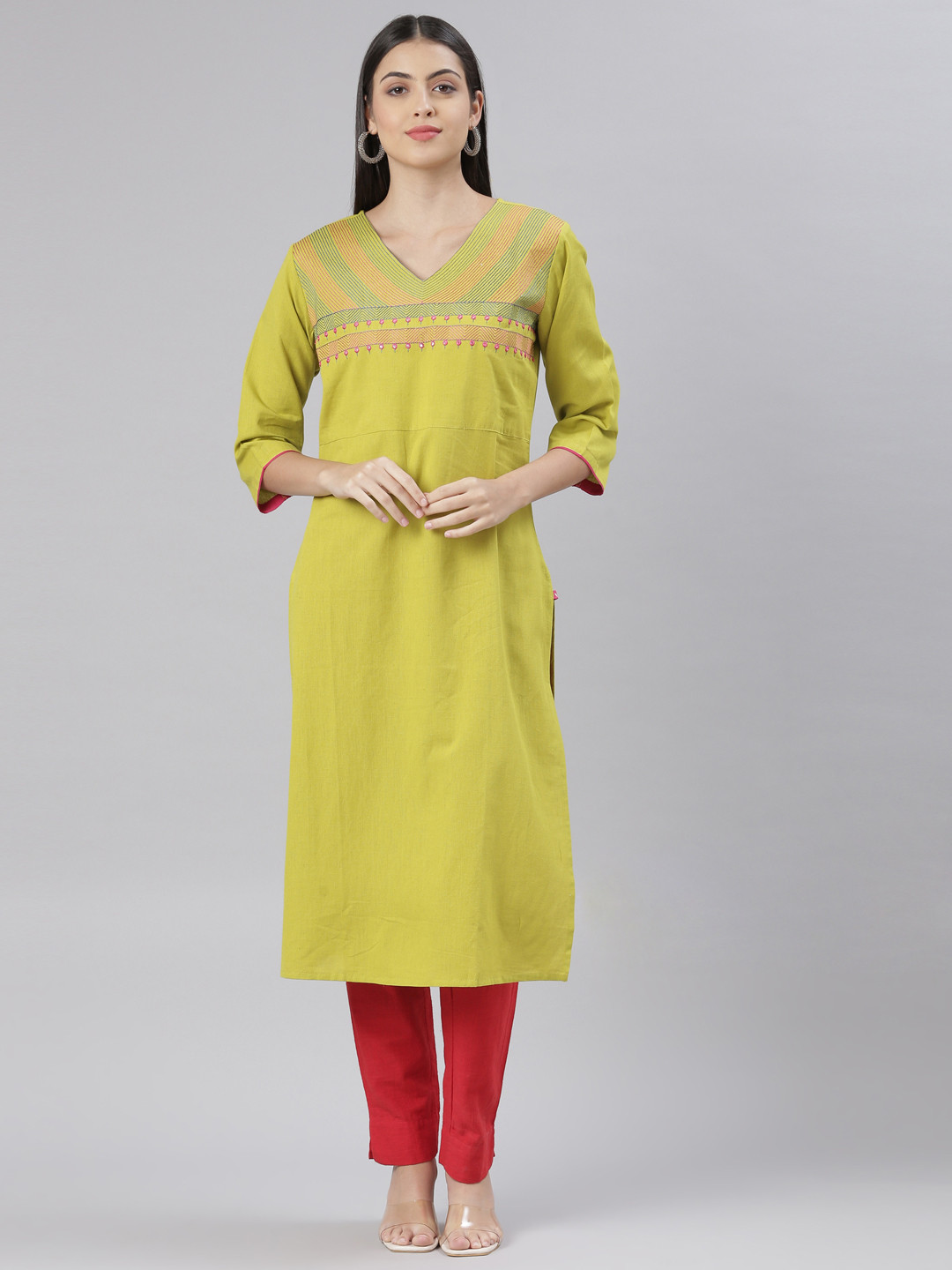 

The Chennai Silks Women Geometric Yoke Design Thread Work Pure Cotton Kurta, Lime green
