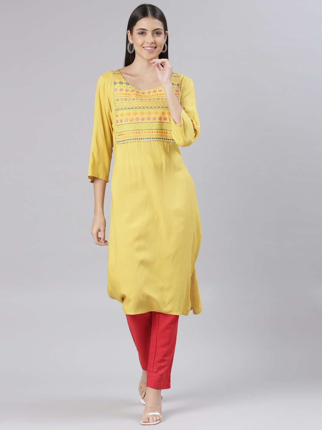 

The Chennai Silks Women Ethnic Motifs Yoke Design Thread Work Pure Cotton Kurta, Yellow
